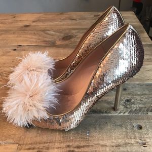 Kate Spade Alexa Too sequin & feather Pom pumps